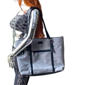 REIAVEL Gray Tote Bag Laptop Grey Canvas Black Leather USB Plug‎ Office Purse